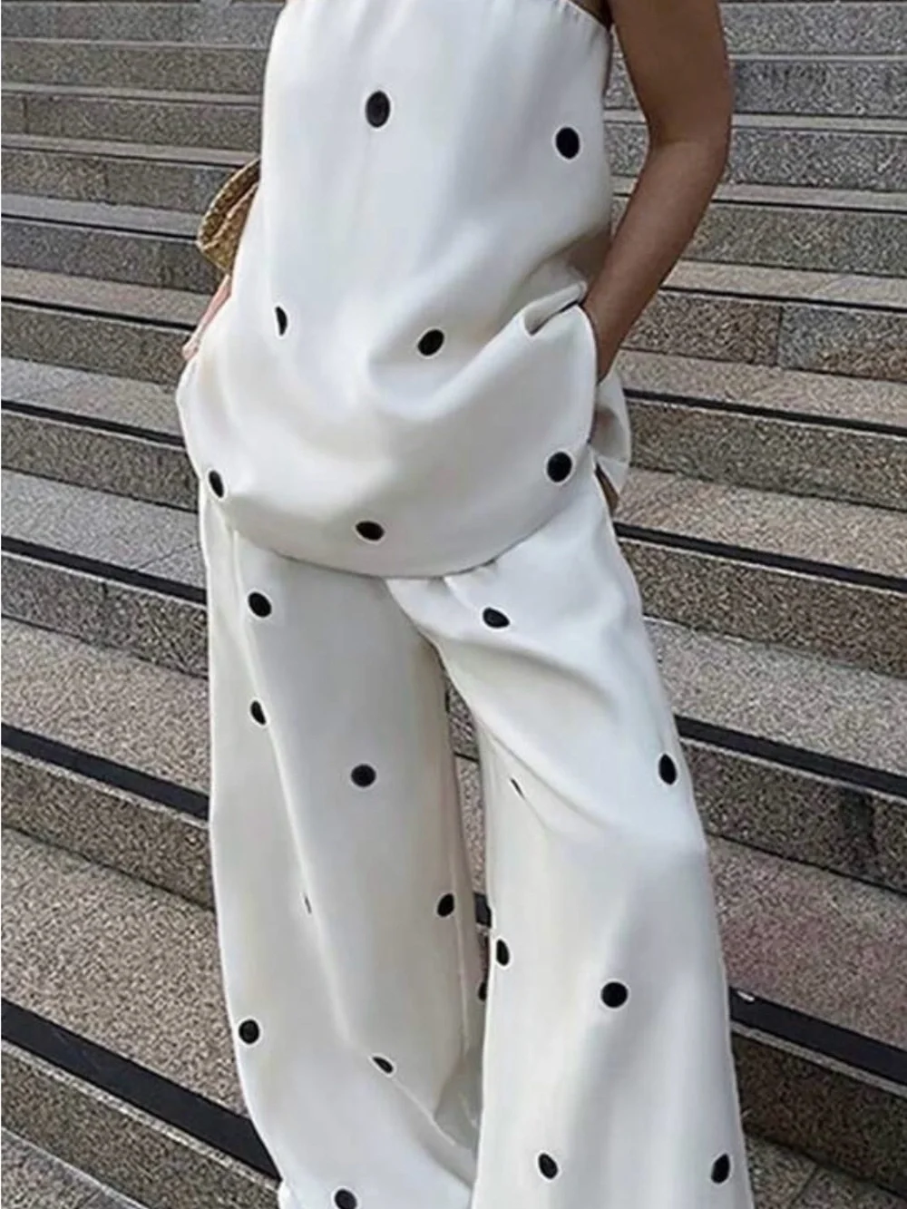 Polka Dot White Strapless 2 piece pant set
